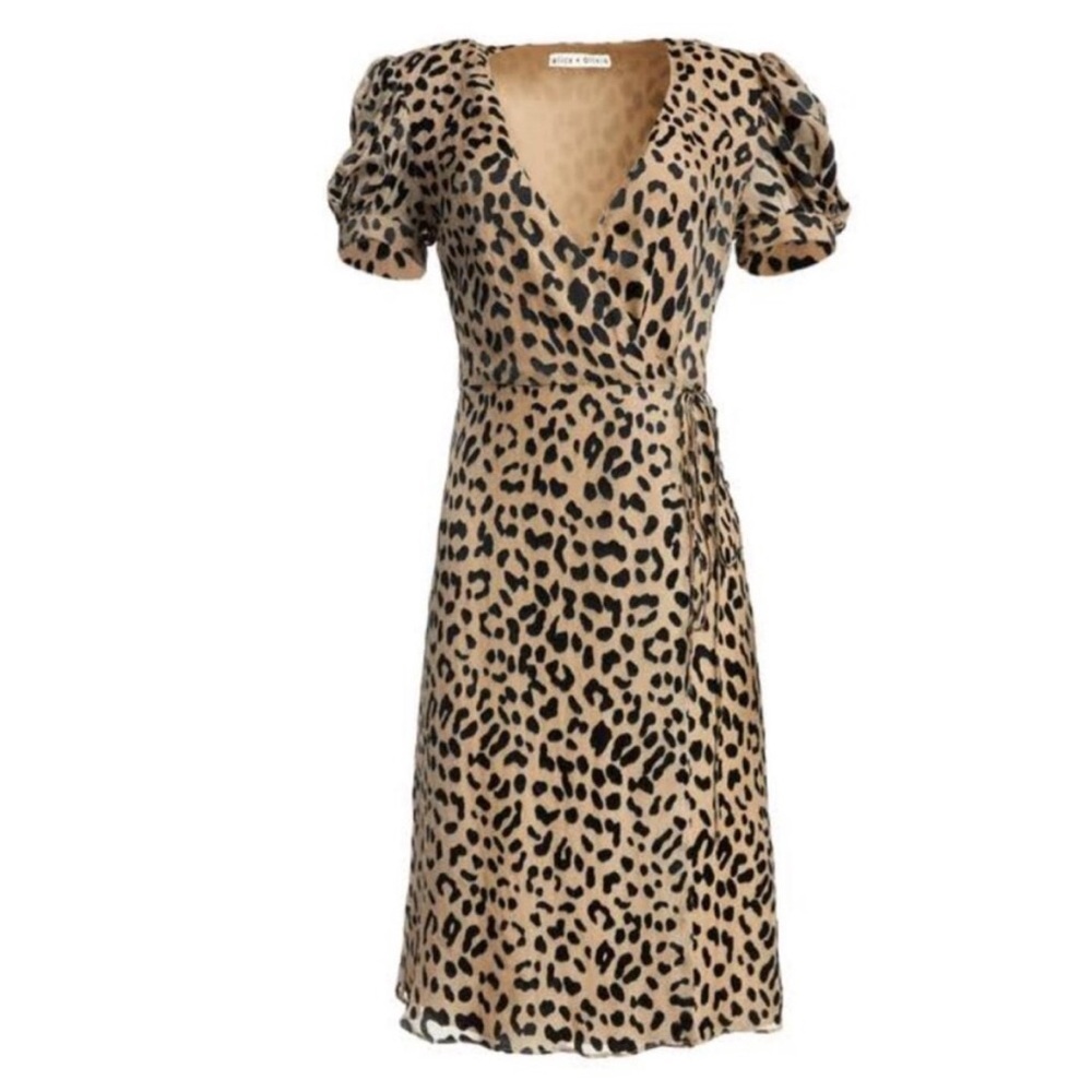 Alice + Olivia Rosette Leopard Print Wrap Dress Sand/ Black Short Sleeve Size 4